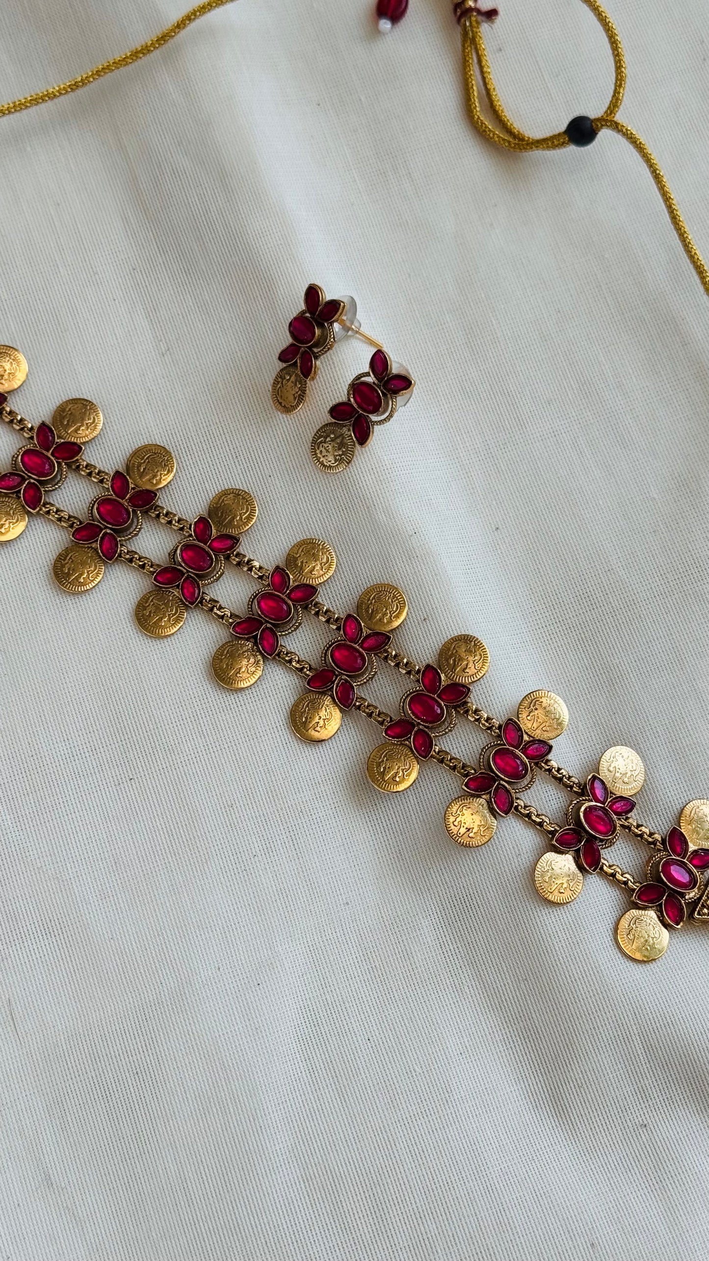 Triple layer coin floral neckpiece, ruby stones, with earrings - YCGPNP753