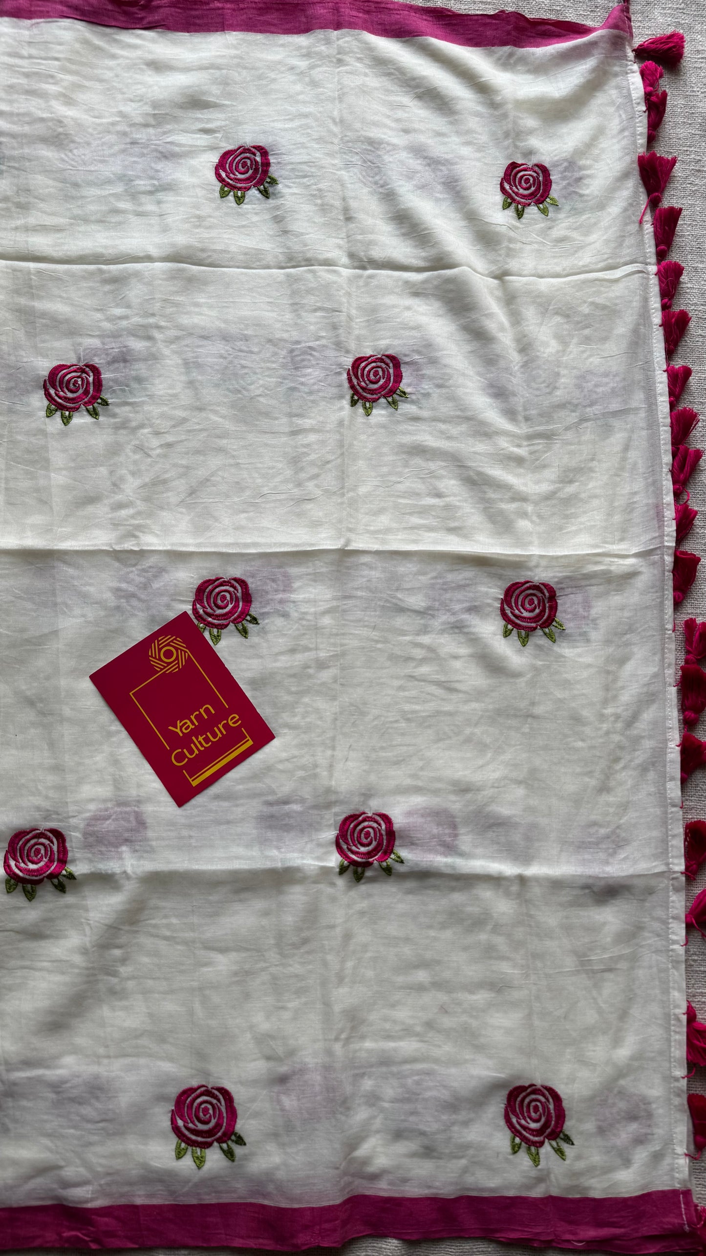 Cream mul with dark pink rose thread embroidery - YCBCMCNO74