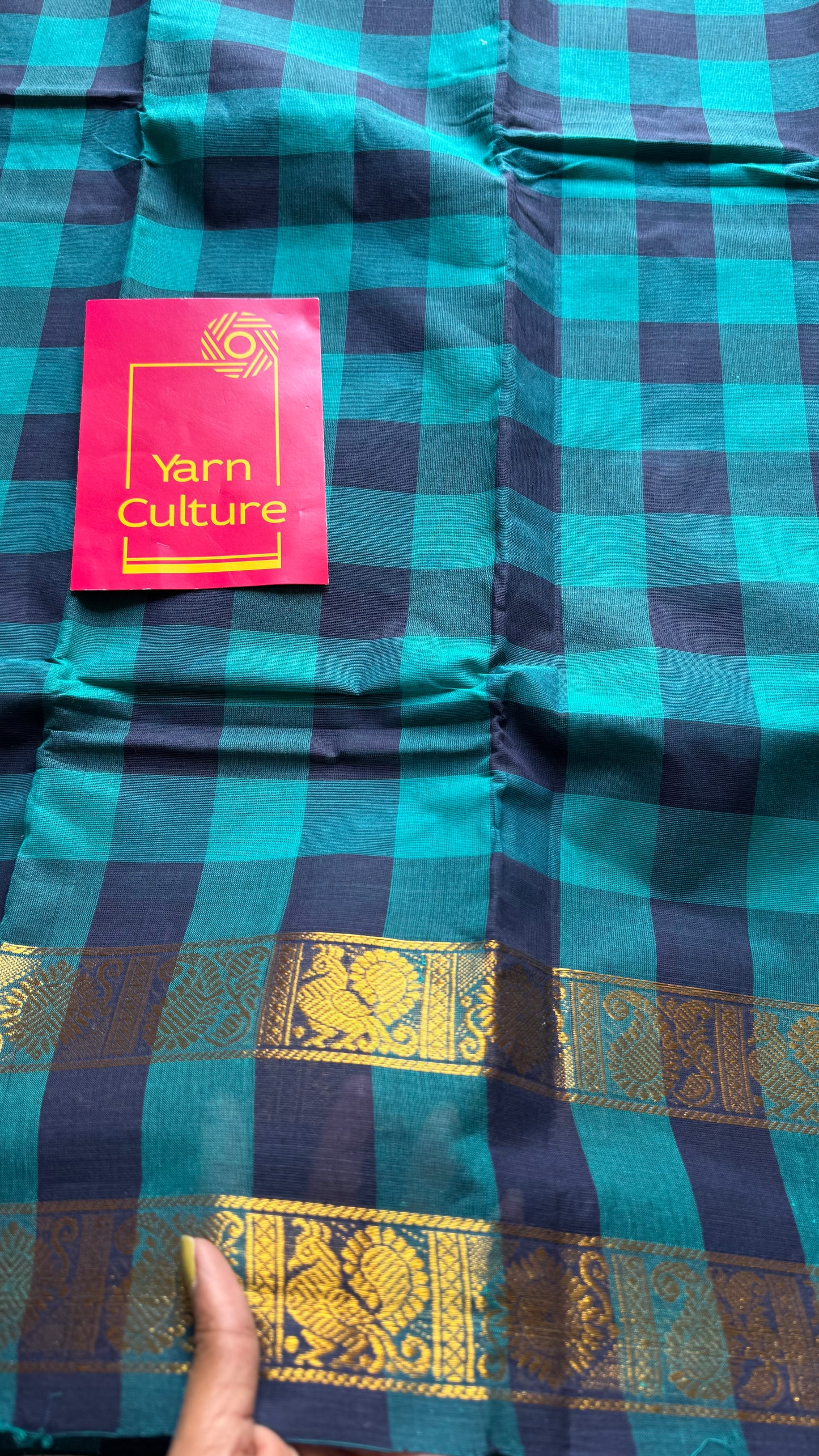 Turquoise and dark blue paalum pazhamum checkered kanchi cotton - YCCOTNKCDE81