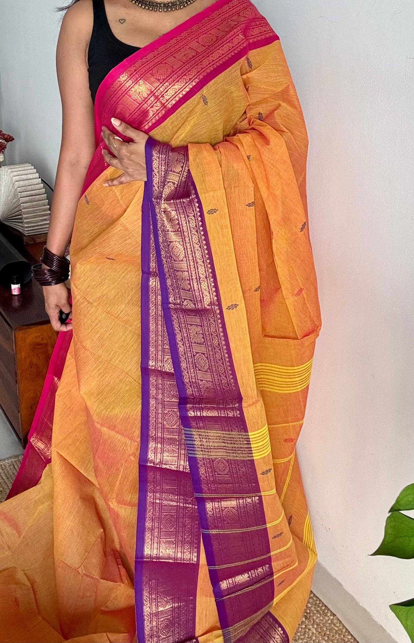 Light orange with hot pink and purple contrast, kanchi cotton saree - YCCOTNMA325