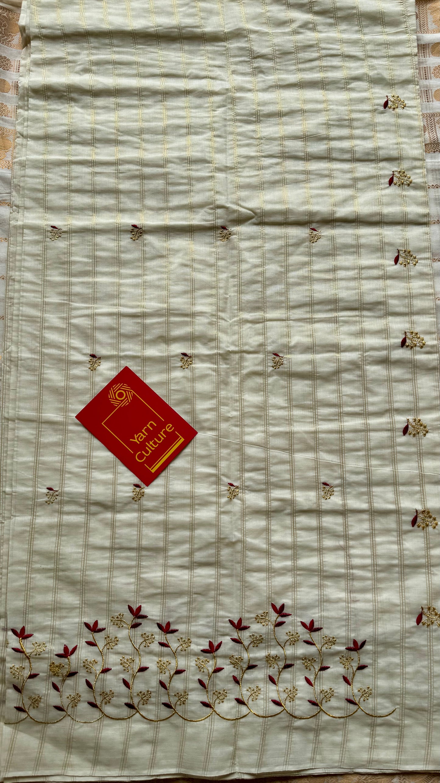Ivory and gold soft cotton saree, maroon floral vine embroidery  - YCIEON58