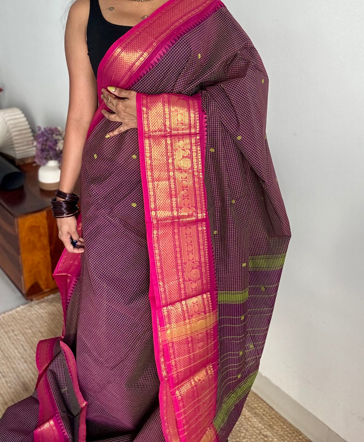 Dark purple with pink contrast, checkered kanchi cotton saree - YCCOTNJU19
