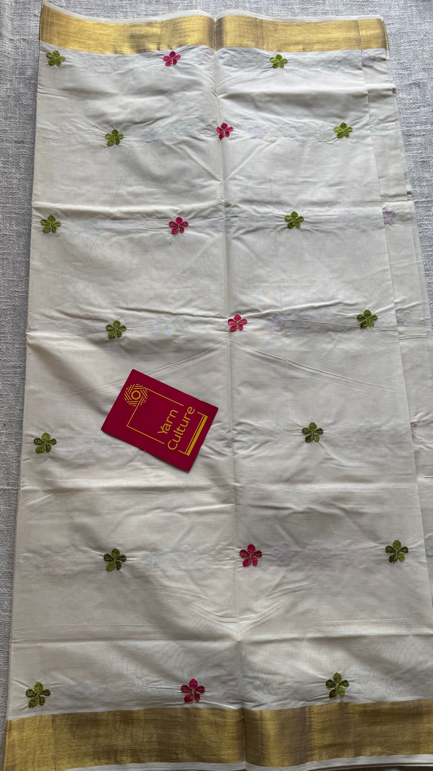 Ivory and gold saree with light green and hot pink floral embroidery - YCIEKCFE310