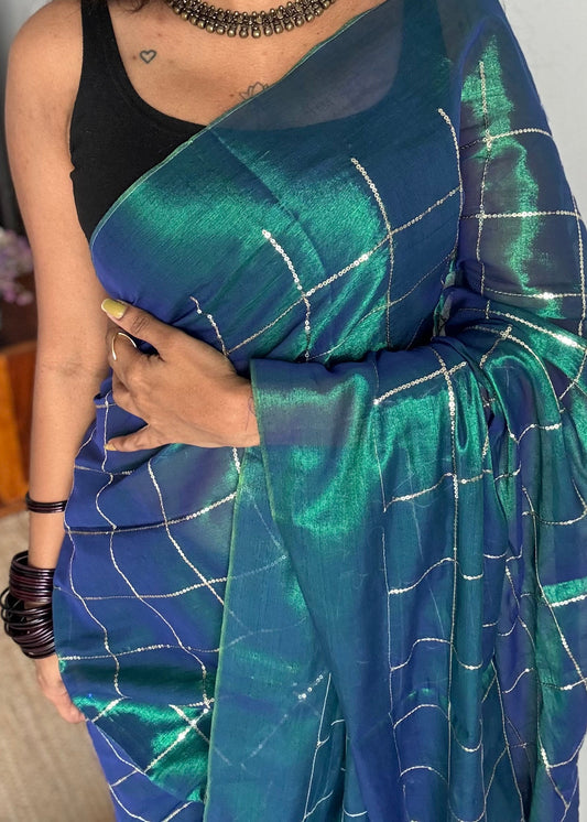 Peacock blue, checkered sequins work, mul tissue - YCBCMCJA09