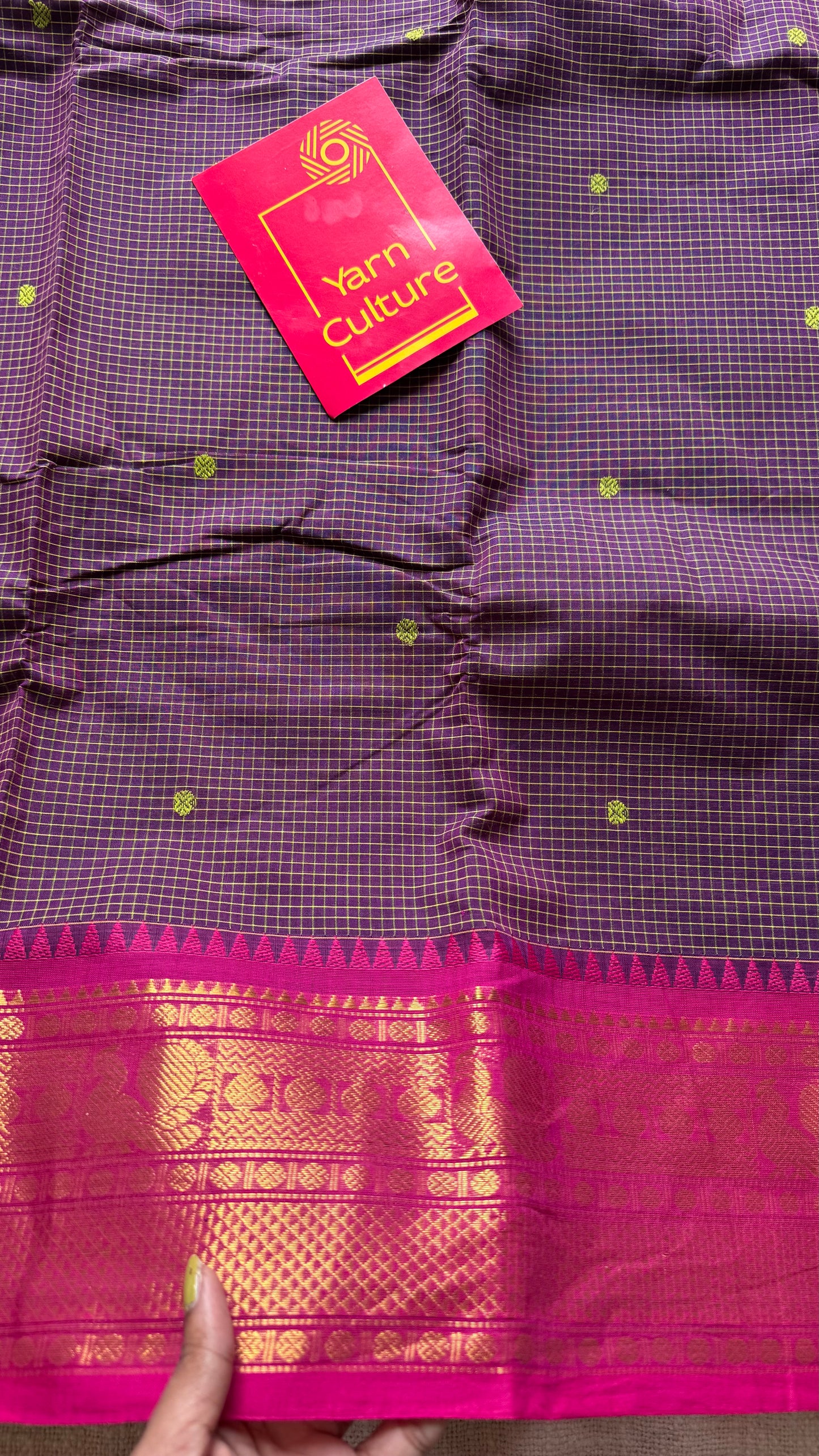 Dark purple with pink contrast, checkered kanchi cotton saree - YCCOTNJU19