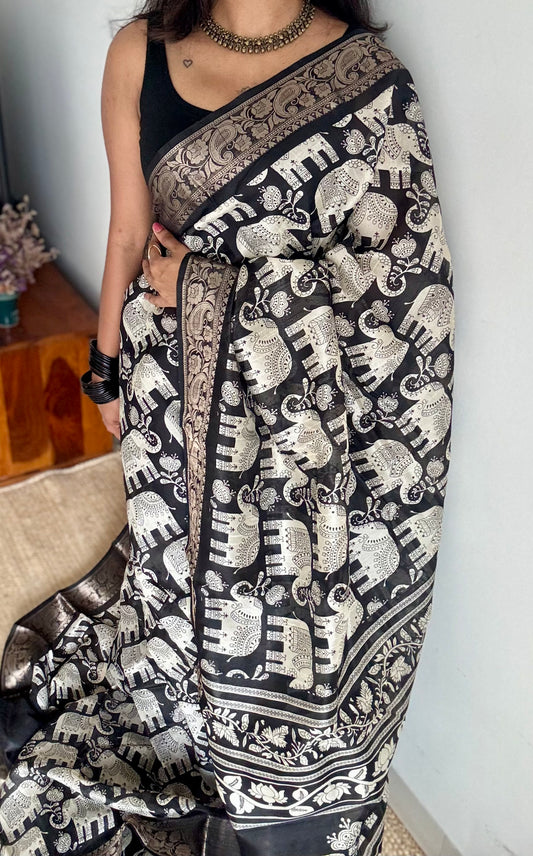 Black and white, printed kalamkari, elephant motif, semi-tussar - YCWOTDSTK04
