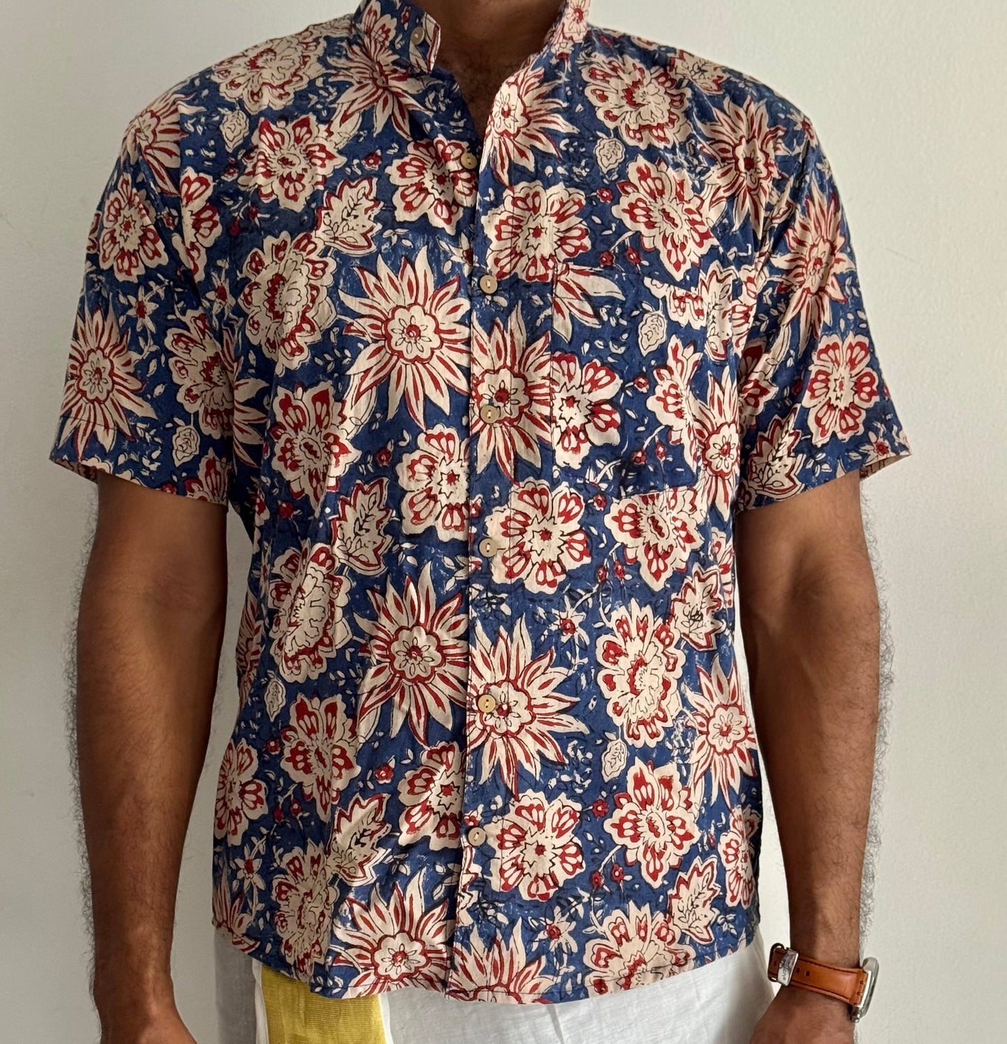 Indigo Floral Block Printed Cotton Men's Half Sleeve Mandarin Collar Kurta Shirt - YCMSEIE189