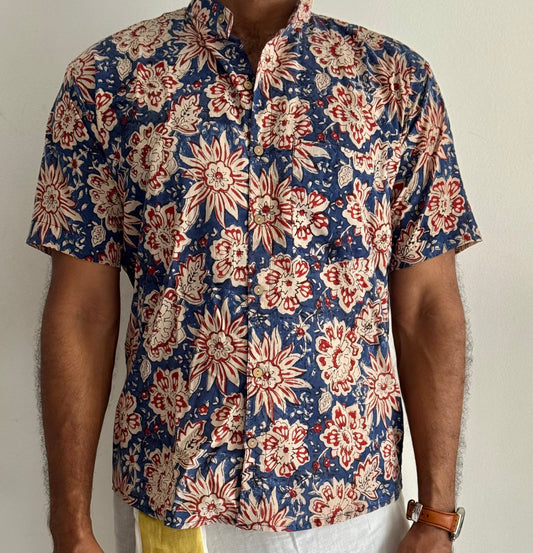 Indigo Floral Block Printed Cotton Men's Half Sleeve Mandarin Collar Kurta Shirt - YCMSEIE189
