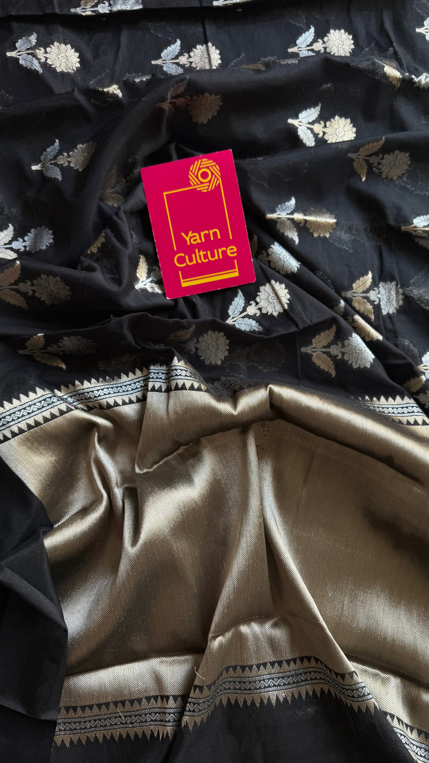 Black with gold and silver floral buttas, Banarasi semi-crepe silk - YCDESE49