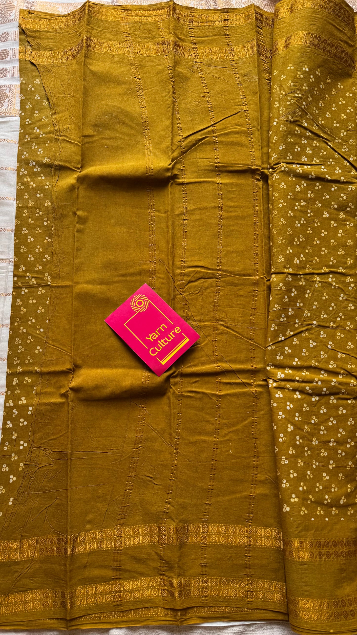 Ginger/mehendi green, wax dot printed sungudi, kattuchayam dyed madurai cotton - YCCOTNMSAP150