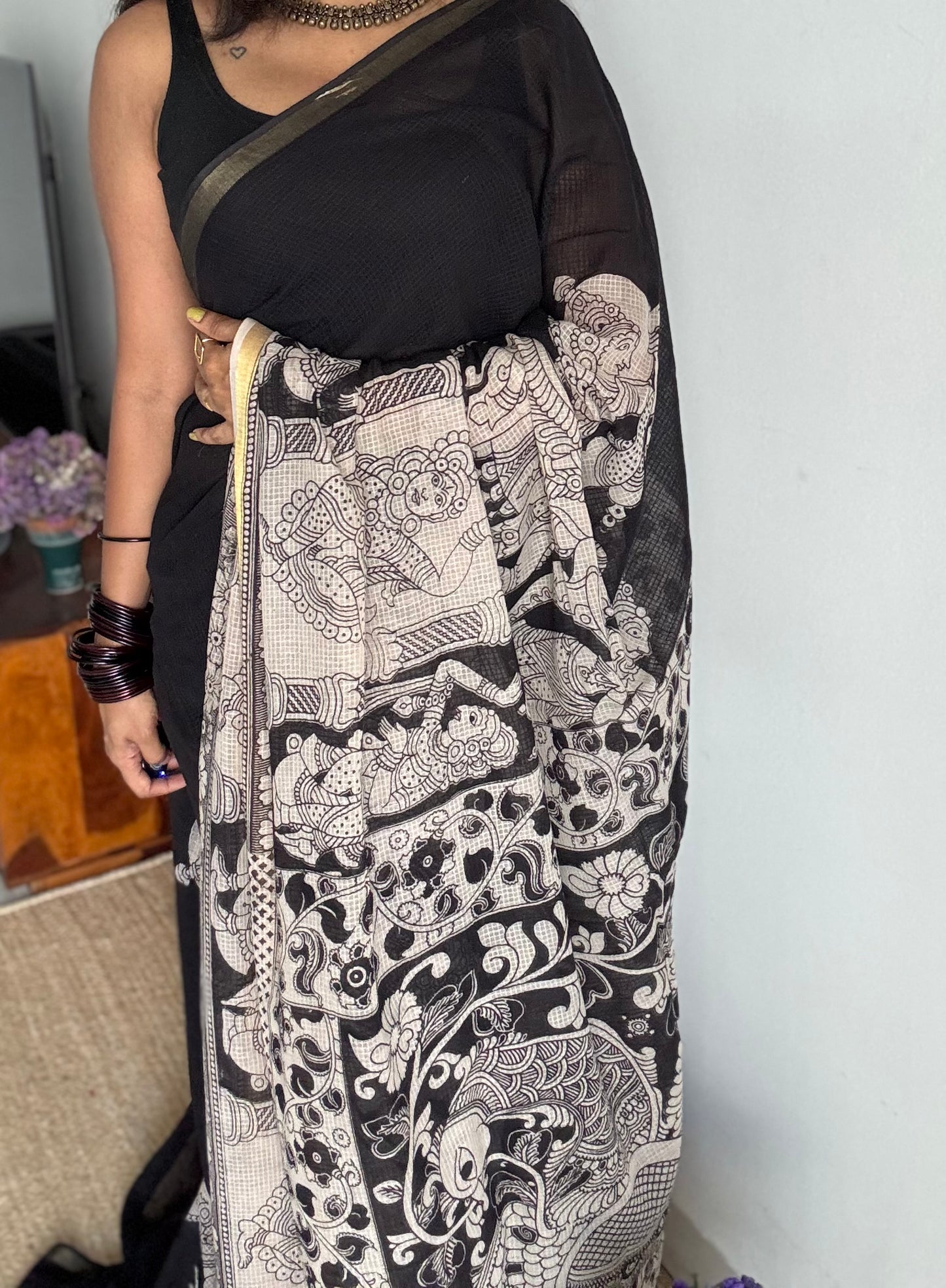 Black cream kalamkari saree in kota, with zari border - YCWOTDKKFE15