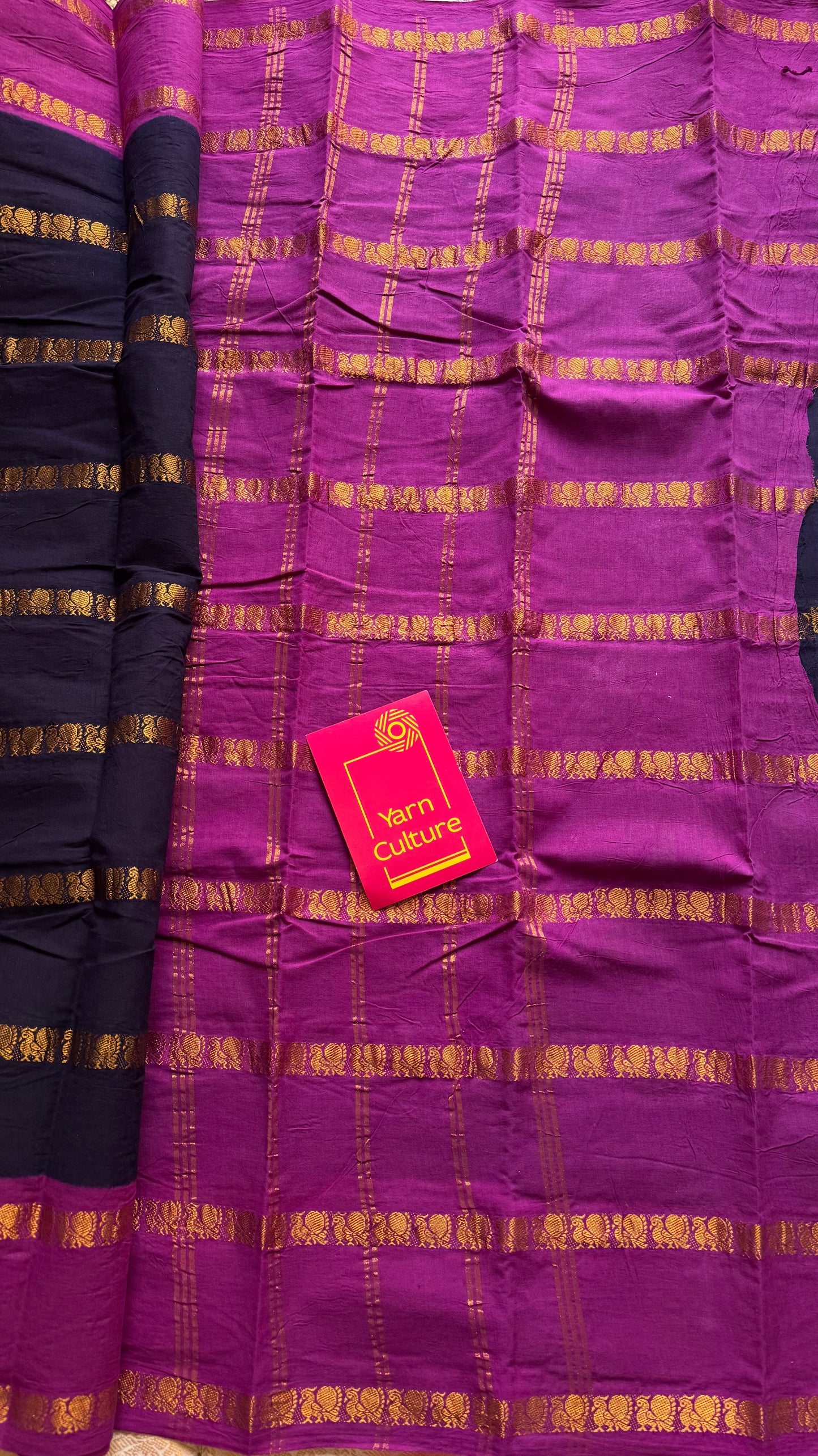 Dark blue with magenta peacock striped sungudi, kattuchayam dyed madurai cotton - YCCOTNMSAP165