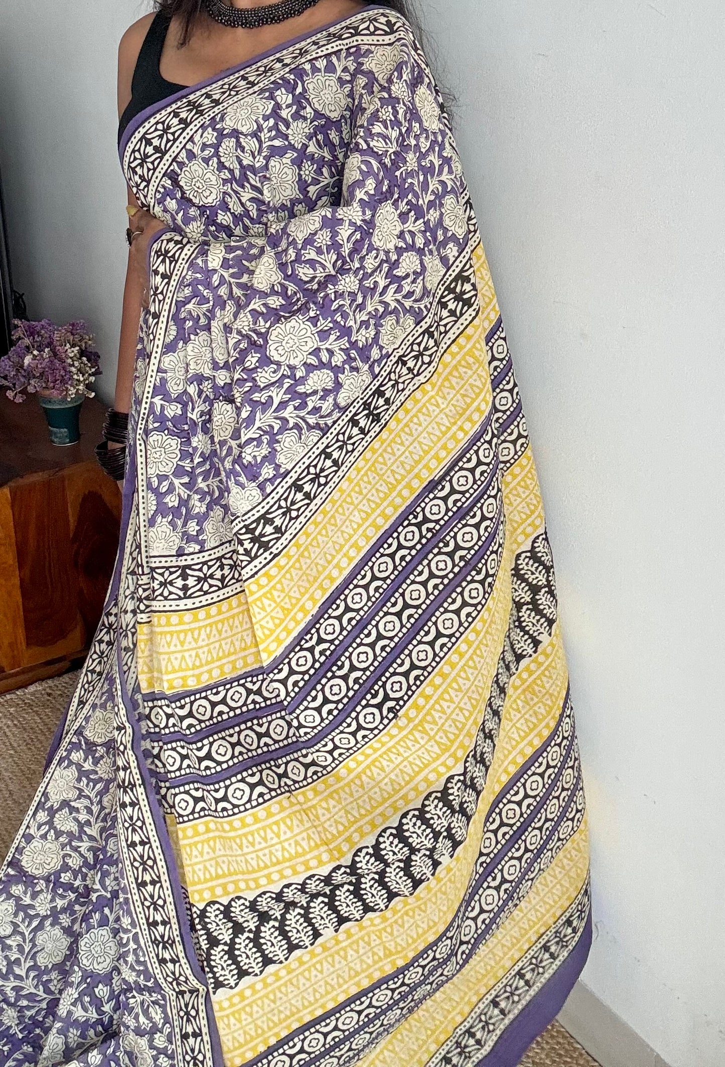 Purple with off white floral motifs, block printed soft cotton saree - YCTORCMA20