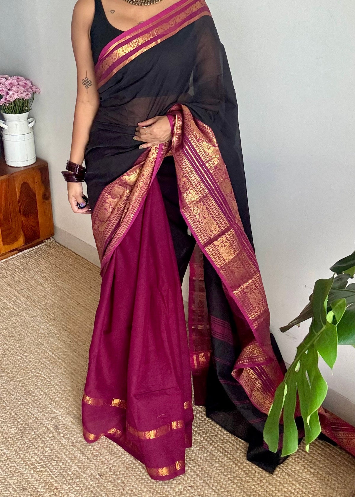 Black with purple pink (vadamalli), with sungudi and chettinad cotton half and half saree - YCCOTNIDOC128