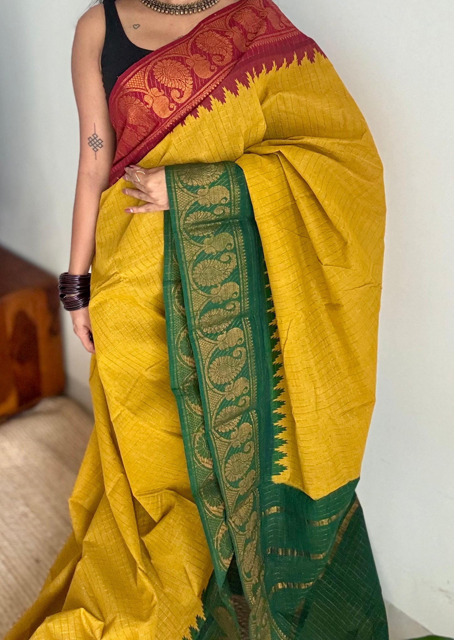 Sungudi cotton checks, mustard yellow base, maroon and dark green dual tone border, soft cotton - YCCOTNMSJUL11