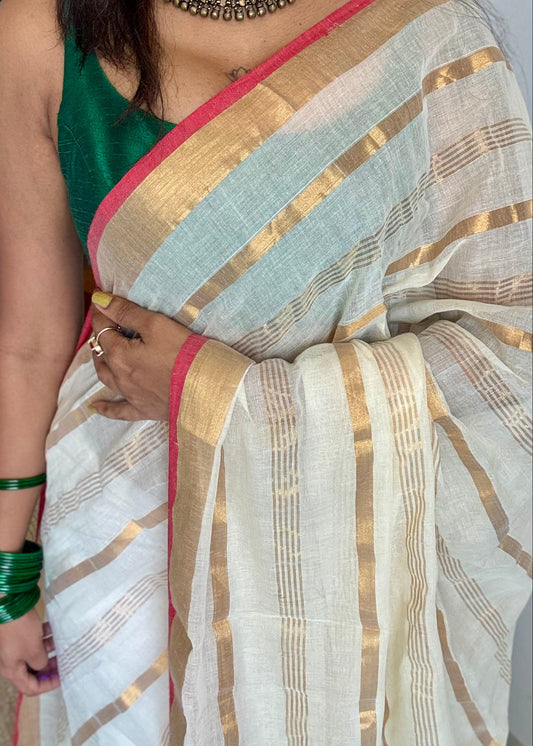 Ivory mul saree with gold stripes and red border - YCIEBCFE327