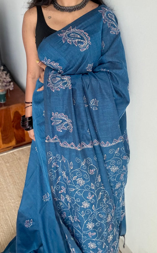 Morupankhi (মরুপঙ্খী) - Peacock Feather, peacock blue kantha weave in soft khadi cotton - YCBCSEKC06