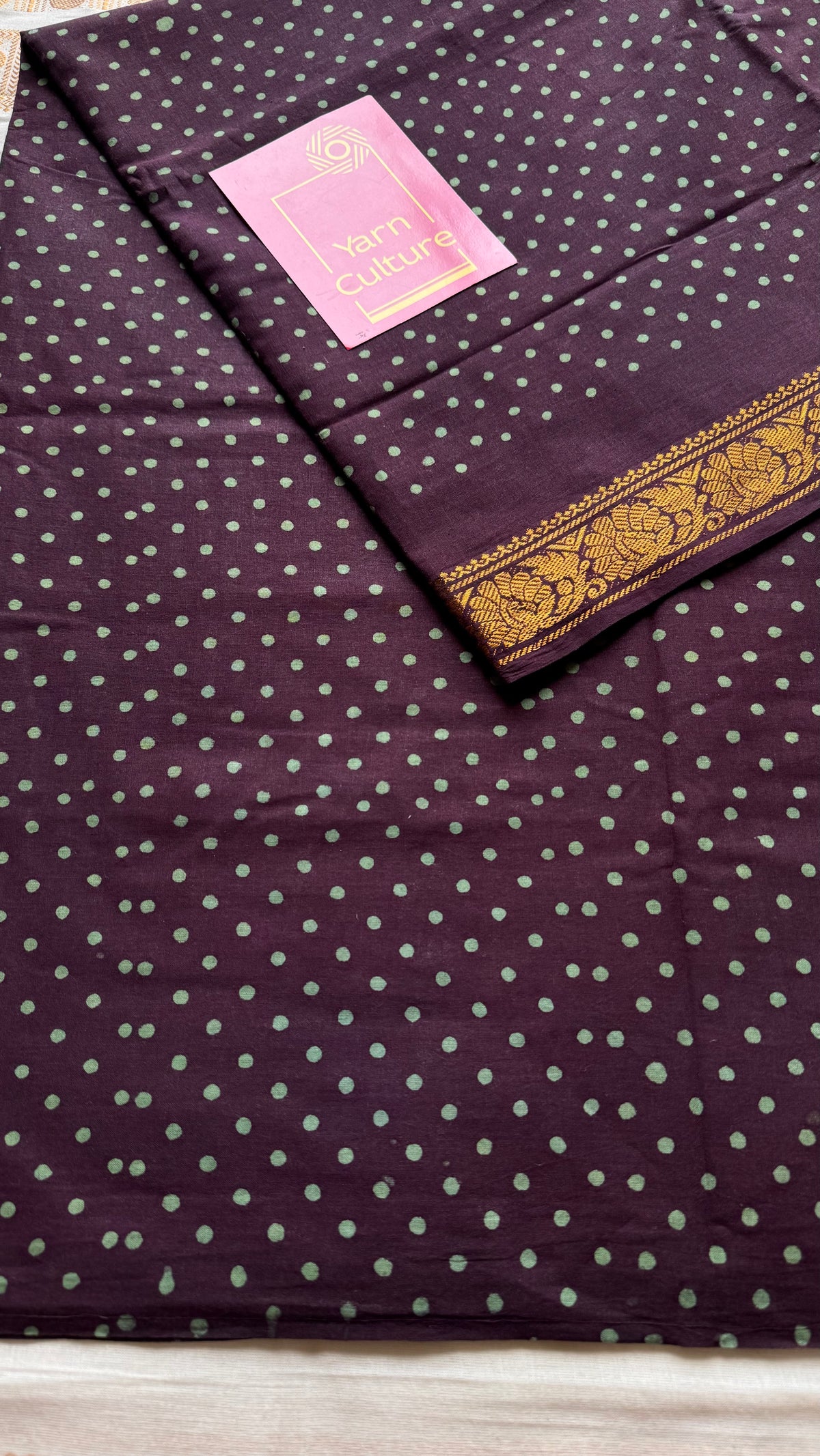 Purple brown sungudi dotted, single-side border, kattuchayam dyed madurai cotton saree - YCCOTNMSSE06