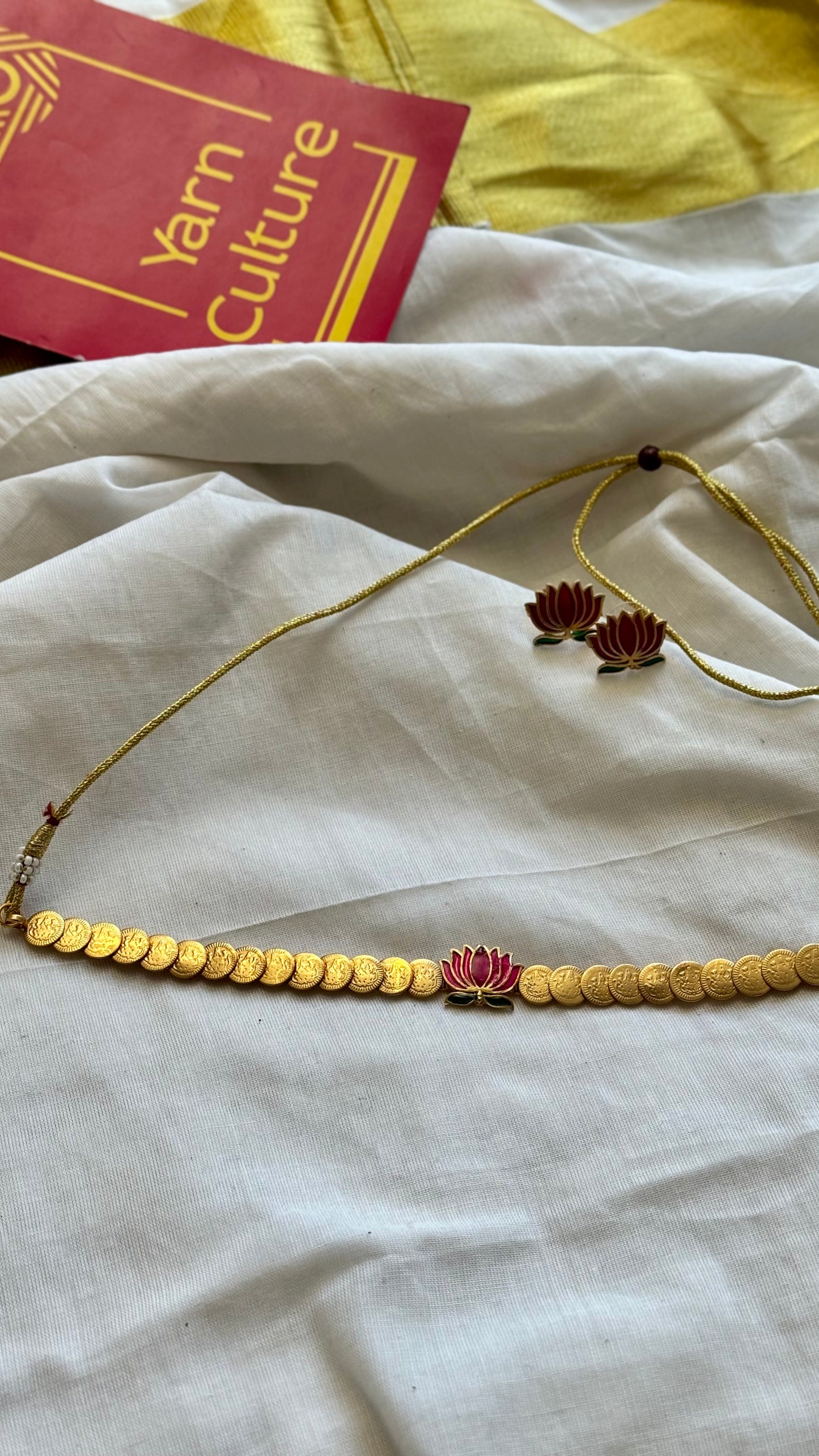 Coin neckpiece with hot pink lotus, with earrings - YCGPNP676