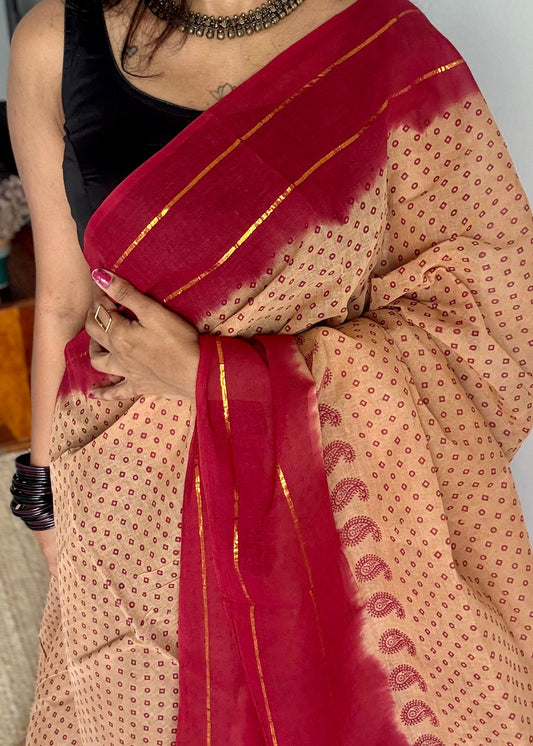 Sandal with red, printed sungudi, madurai cotton - YCCOTNOCSC18