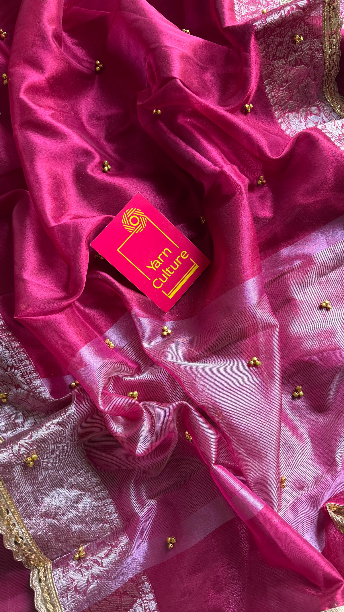 Raspberry pink silver tissue Banarasi saree with lace zari border - YCBLTOC68