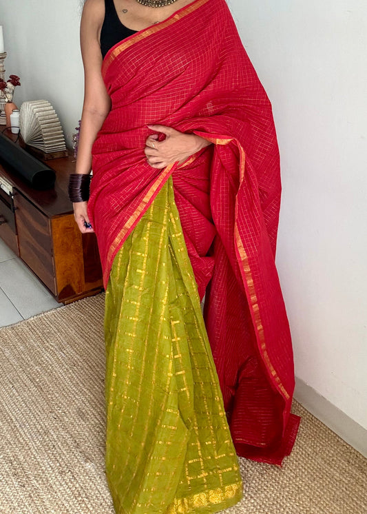 Chilli red and green, sungudi cotton half-half saree - YCCOTNIDMA302