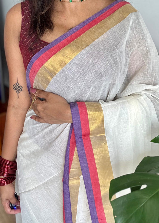 Ivory mul saree, purple, red and gold border - YCIEON08