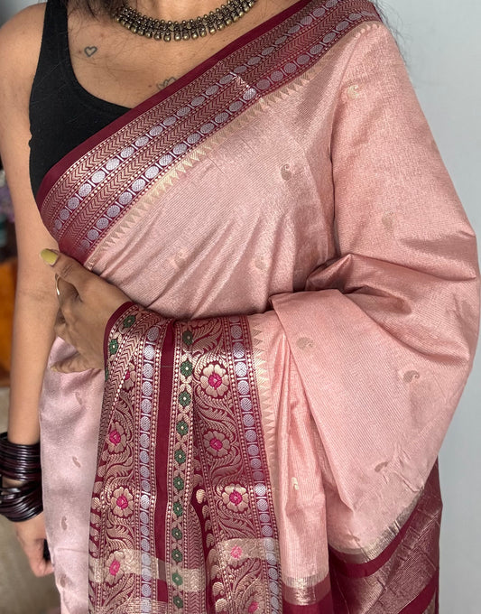 Salmon pink with maroon multicoloured vintage border, semi-silk - YCBLSSJA14