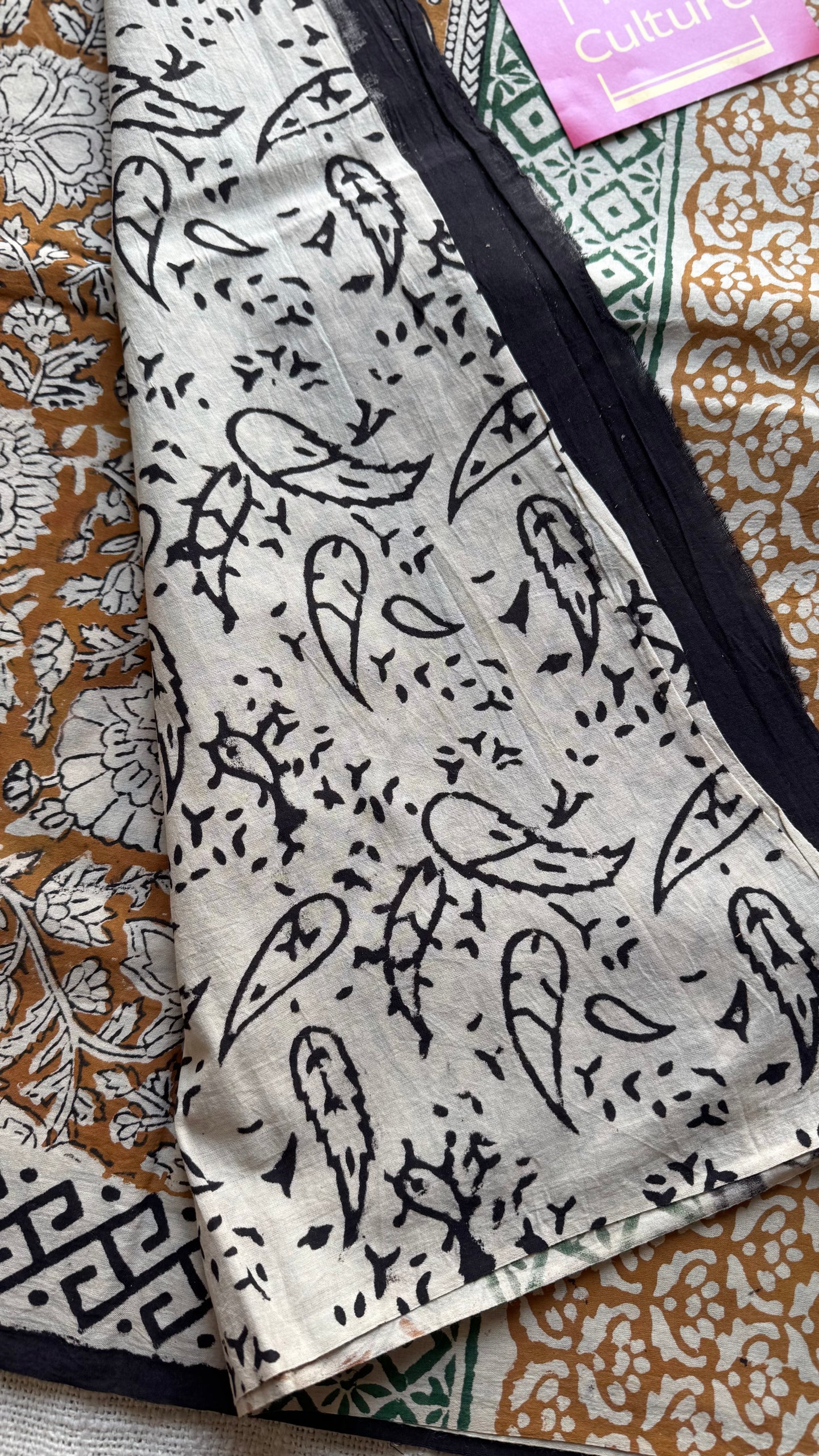 Raah - black and white to earthy brown, half half pattern, block print, soft cotton - YCWOTDNOBP93