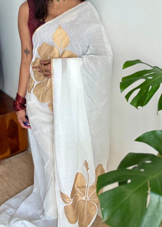 Ivory mul saree, statement floral painted pallu - YCIEON35