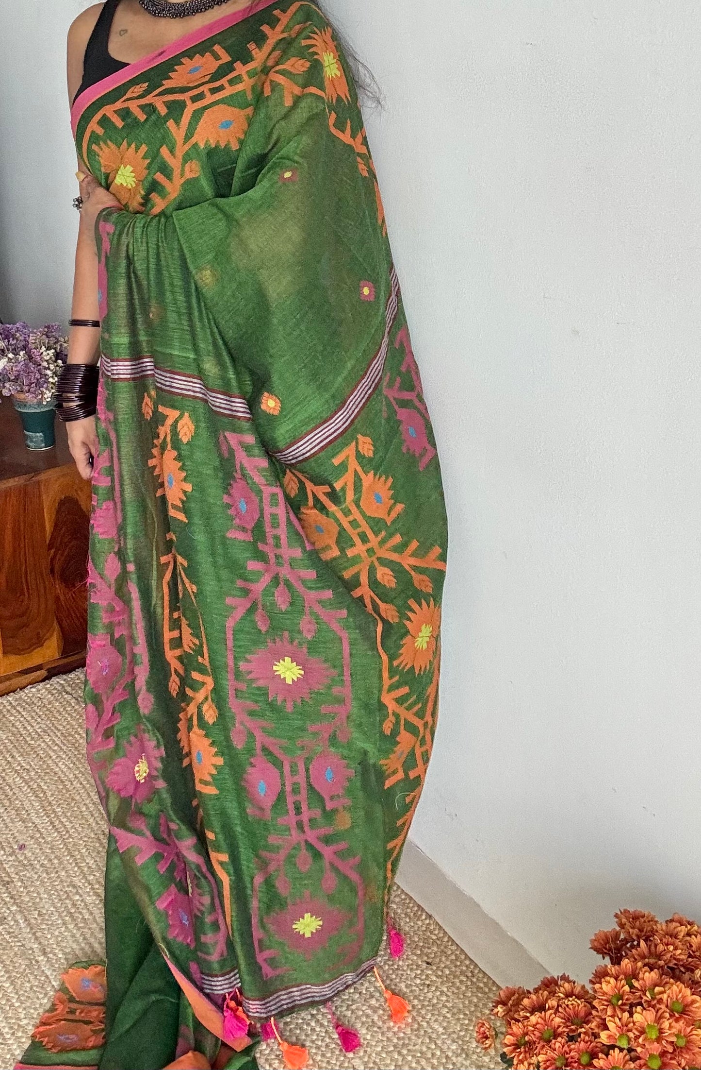 Green with pink and orange jamdani saree in mul cotton - YCBCJDFE383