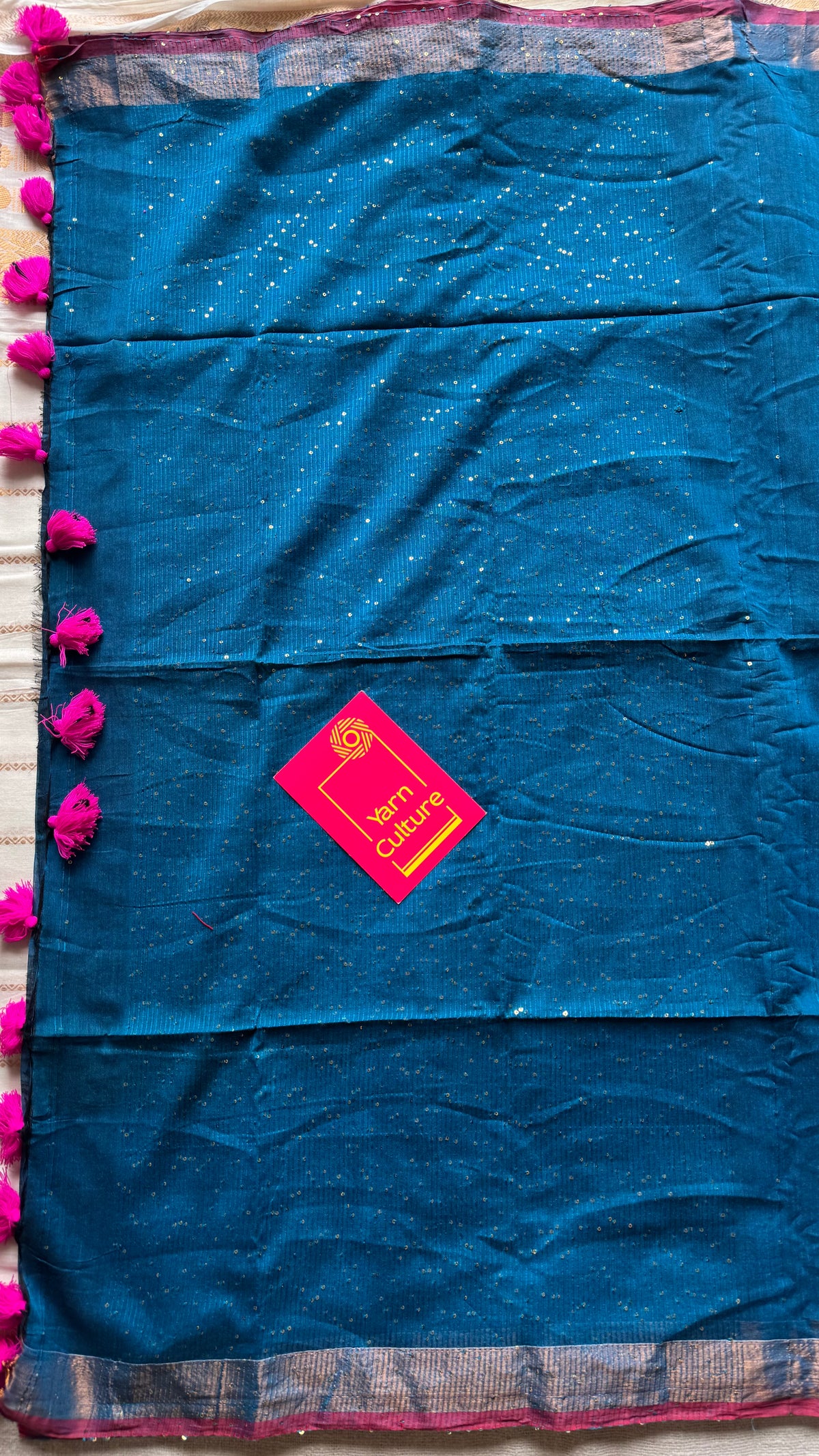 Peacock blue mul cotton saree with sequins and zari border - YCBCMCSE31