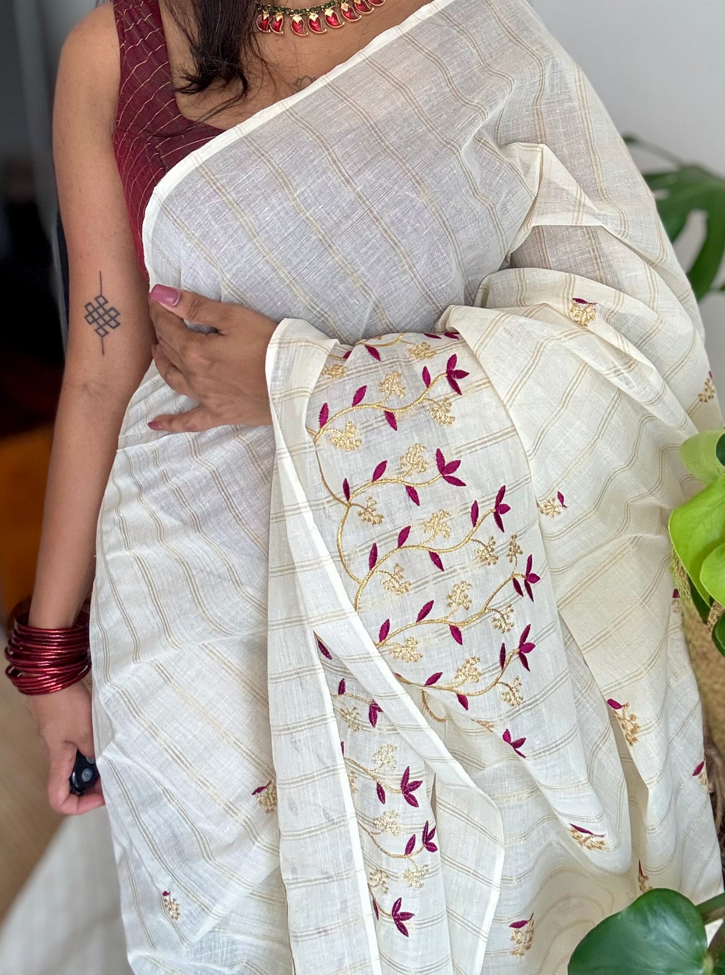 Ivory and gold soft cotton saree, purple pink floral vine embroidery  - YCIEON56