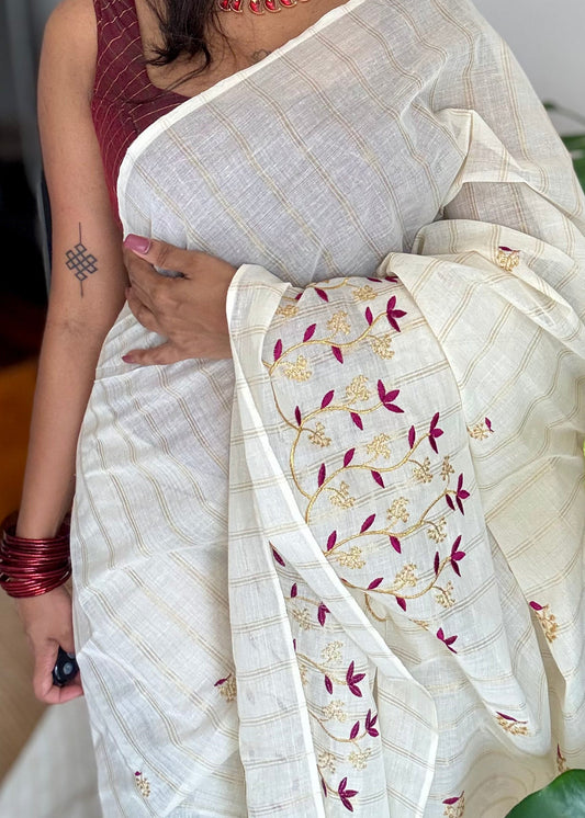 Ivory and gold soft cotton saree, purple pink floral vine embroidery  - YCIEON56