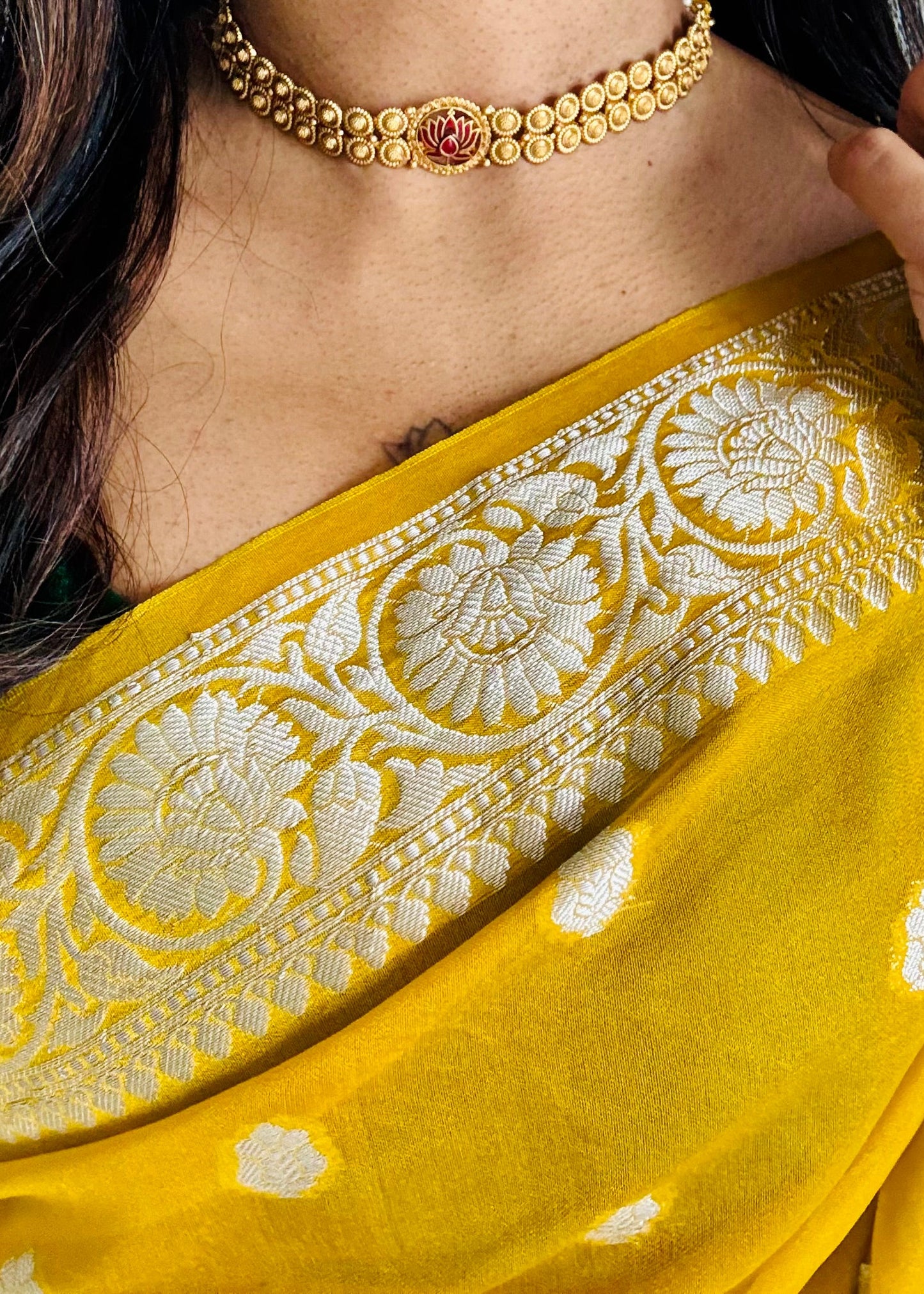 Double layered coin neckpiece with red lotus pendant, with earrings - YCGPNP624