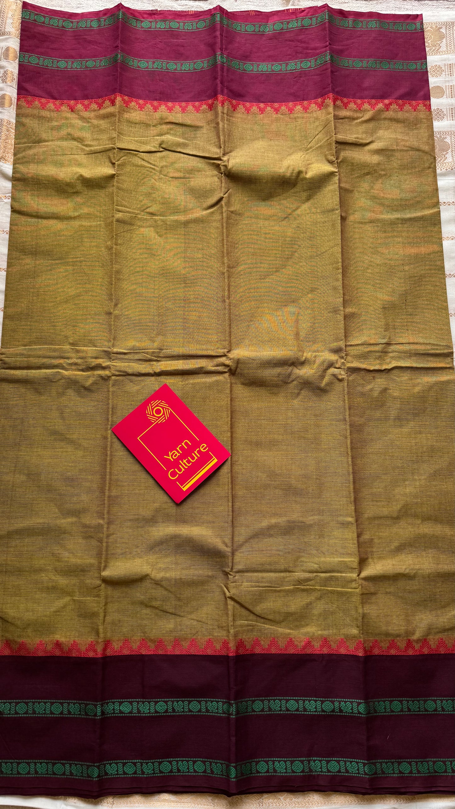 Chettinad cotton saree in ginger green with wine and maroon thread borders - YCCOTNJUCC12