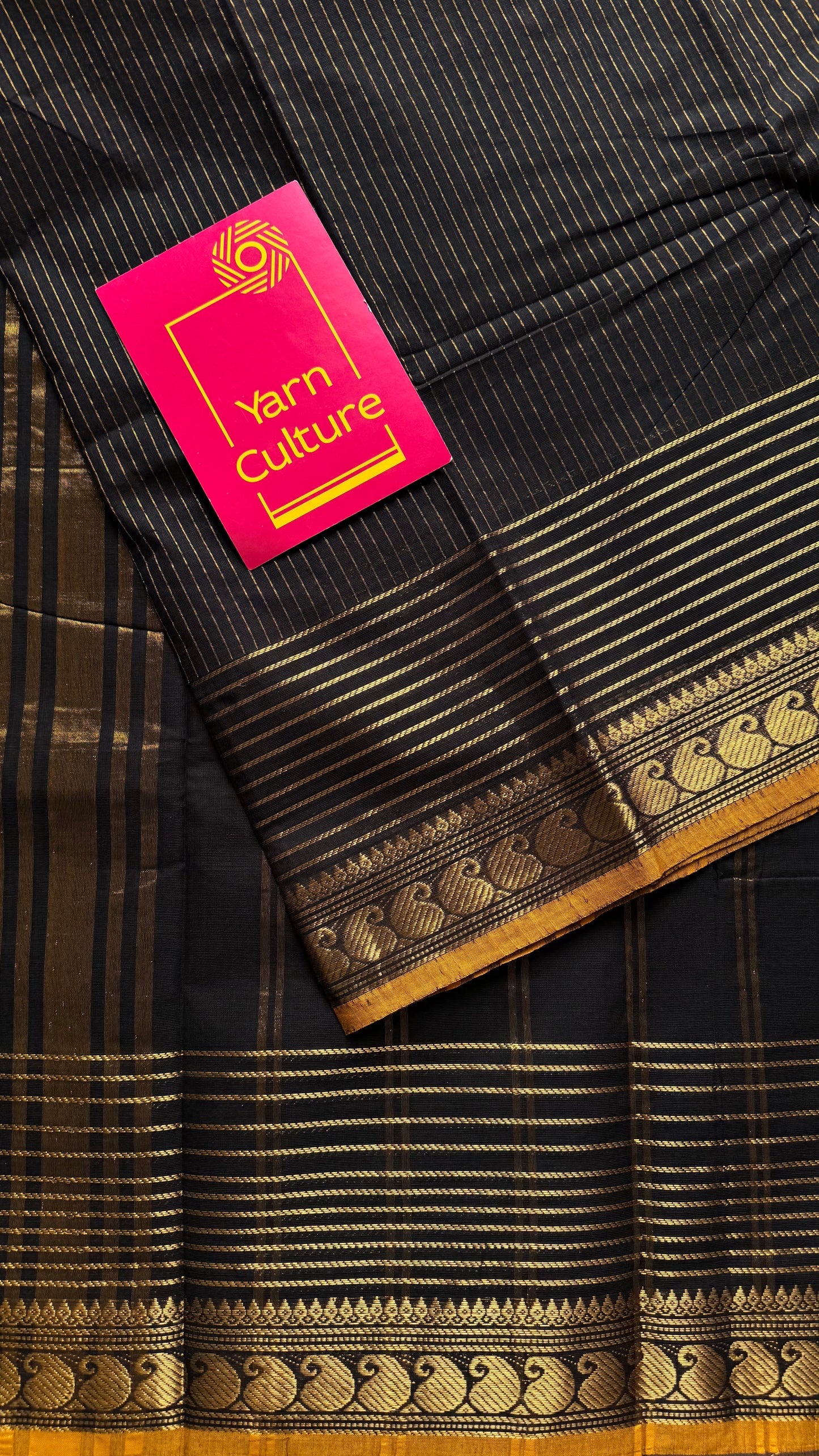 Kanchi cotton saree, black with gold stripes, paisley border - YCCOTNAP92
