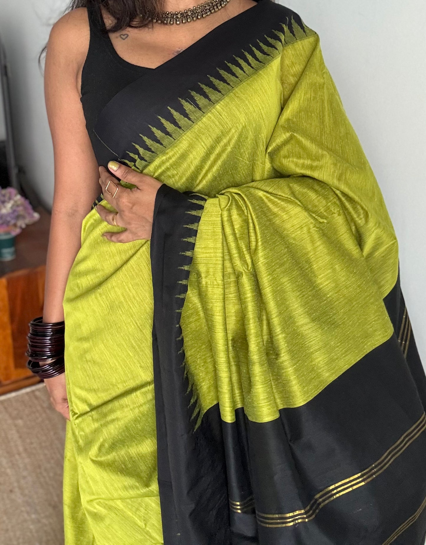 Lime green with black contrast, temple border saree, cotton silk - YCCOTNTBFE60