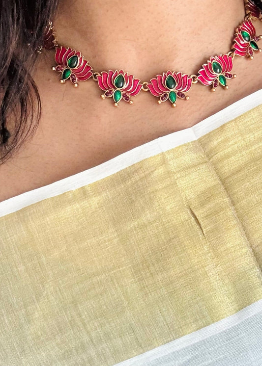 Rani pink and green lotus, with earrings - YCAGC131
