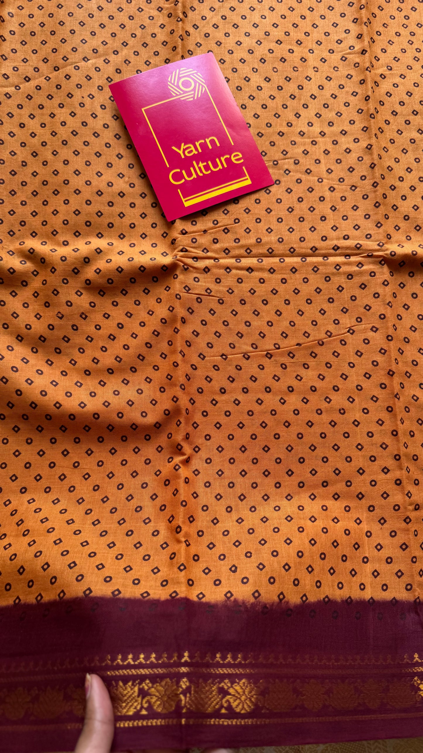 Light orange with maroon contrast, kattuchayam dyed madurai cotton saree - YCCOTNMA249
