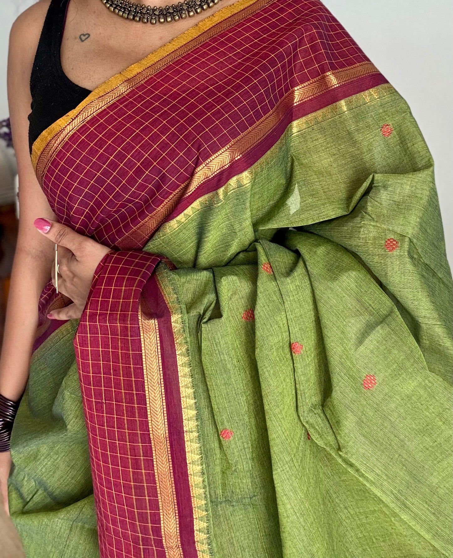 Green and maroon contrast, Chettinad cotton saree with checkered border  - YCCOTNMA271