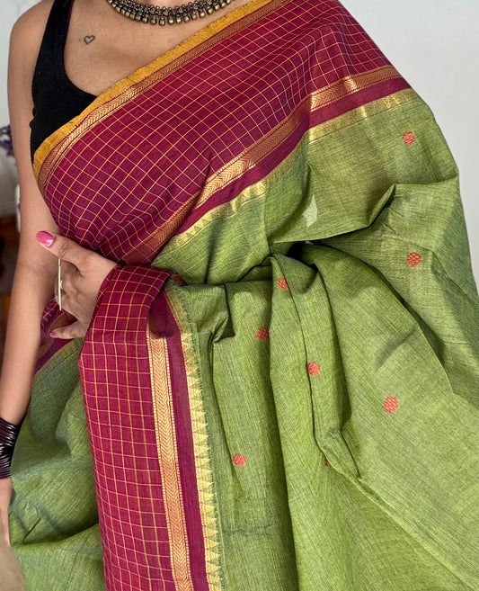 Green and maroon contrast, Chettinad cotton saree with checkered border  - YCCOTNMA271