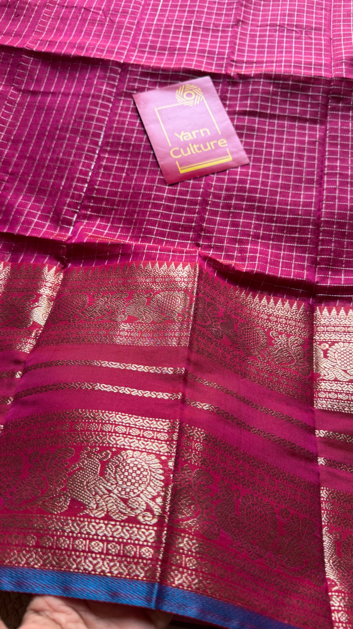 Dark berry pink with blue silver zari checks, silver and gold peacock woven zari border, mangalgiri silk cotton, handwoven, soft, light weight - YCWOTDMSCOC124