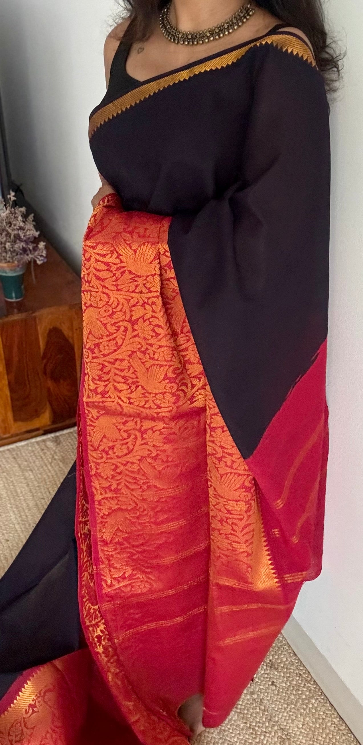 Black with red vanasringaram long border - madurai soft cotton - YCCOTNSEMS70