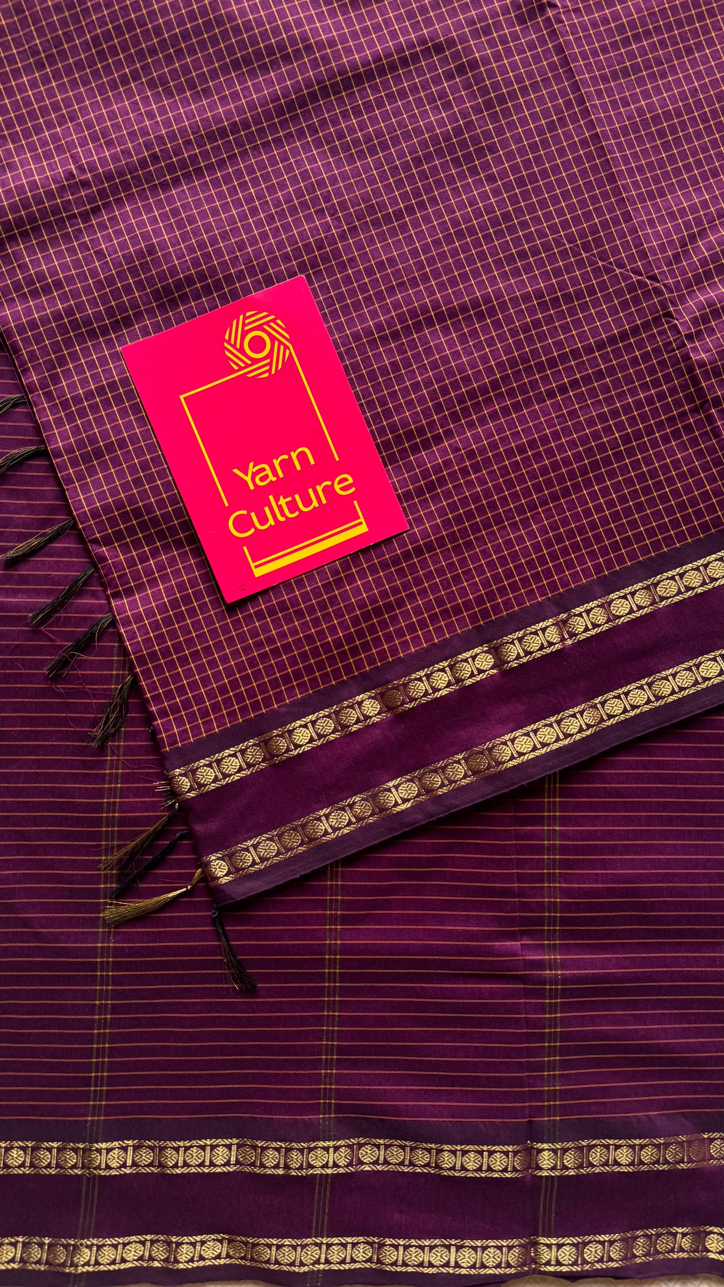 Dark berry pink (light burgundy), arani checks saree, cotton silk - YCCOTNAUG17