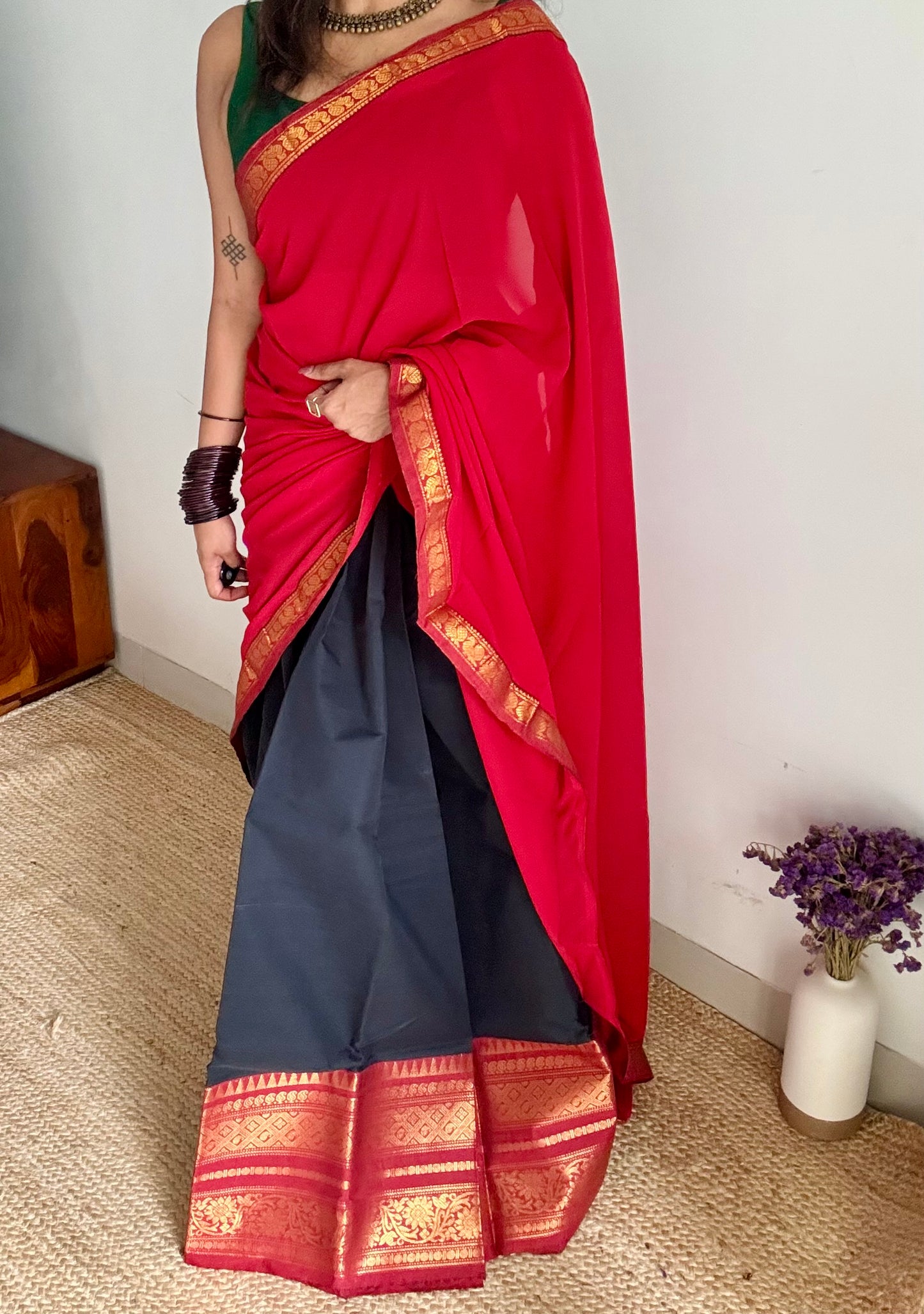 Black - Red unstitched half saree material (dhavani), kanchi cotton - YCIEHS212