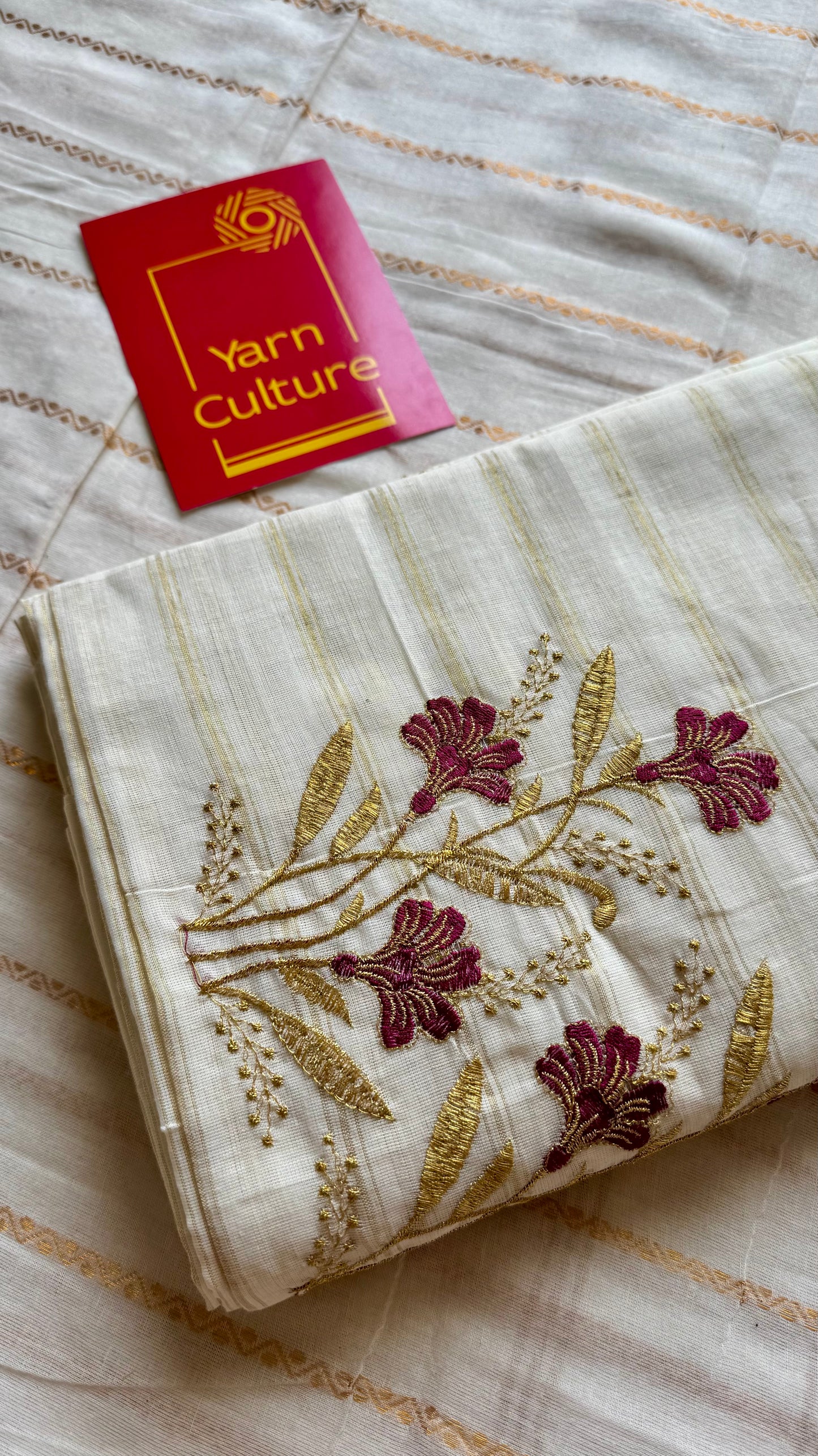 Ivory and gold soft cotton saree, maroon floral embroidery  - YCIEON50