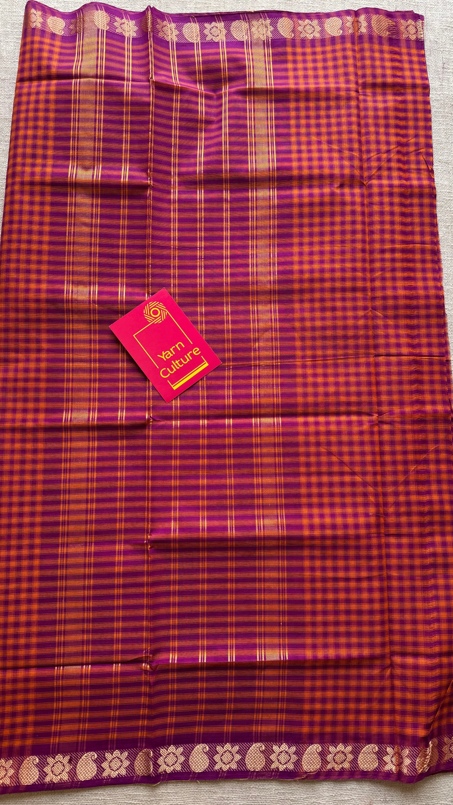 Magenta Chettinad cotton saree with orange checks - YCCOTNCCFE146