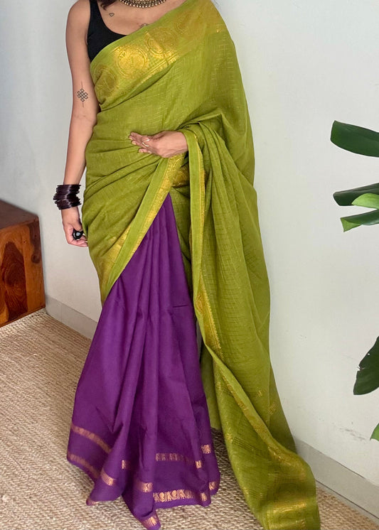 Parrot green and purple, sungudi cotton half-half saree - YCCOTNIDOC25