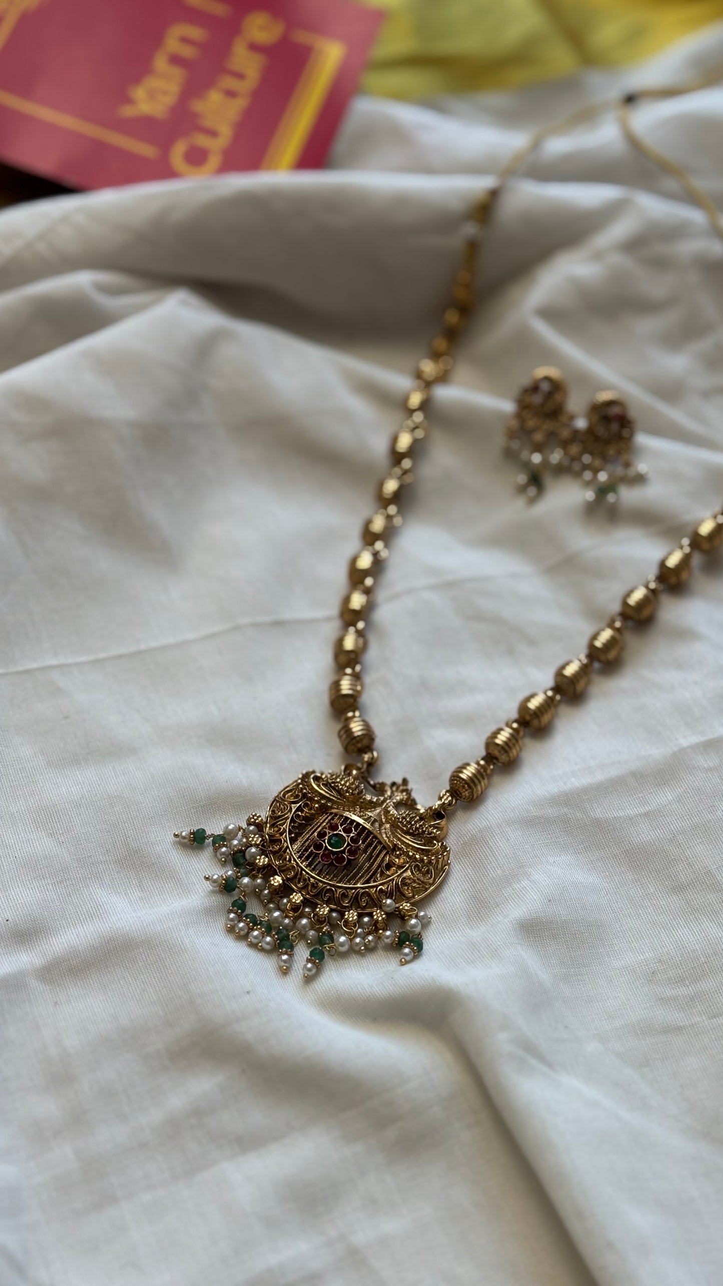Long haram with peacock pendant, with earrings - YCGPNP612